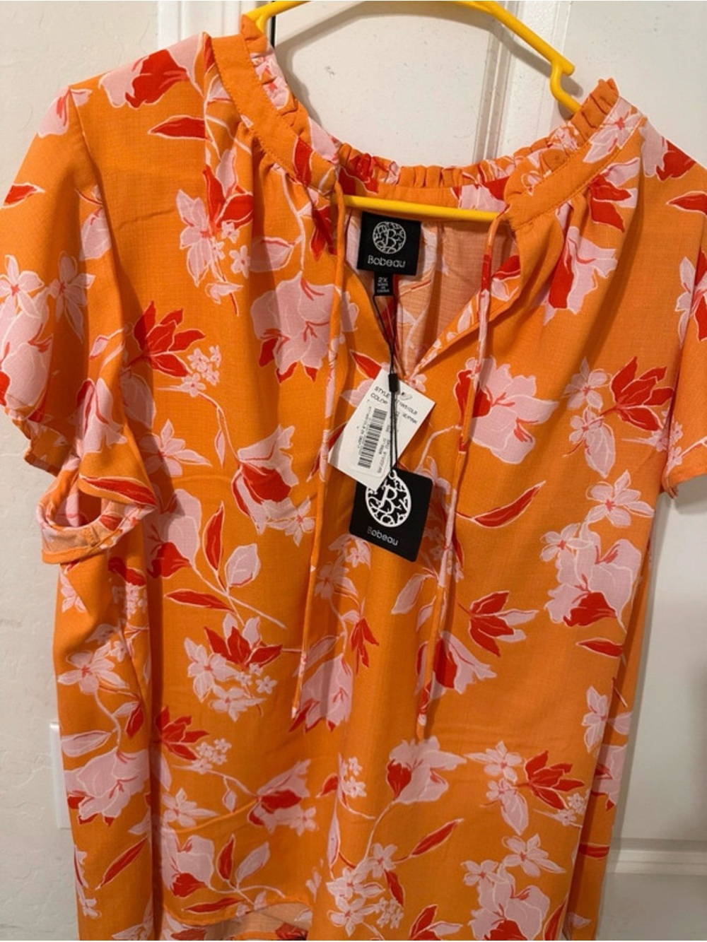 bobeau Orange & Pink Floral Tie-Neck Tunic Top